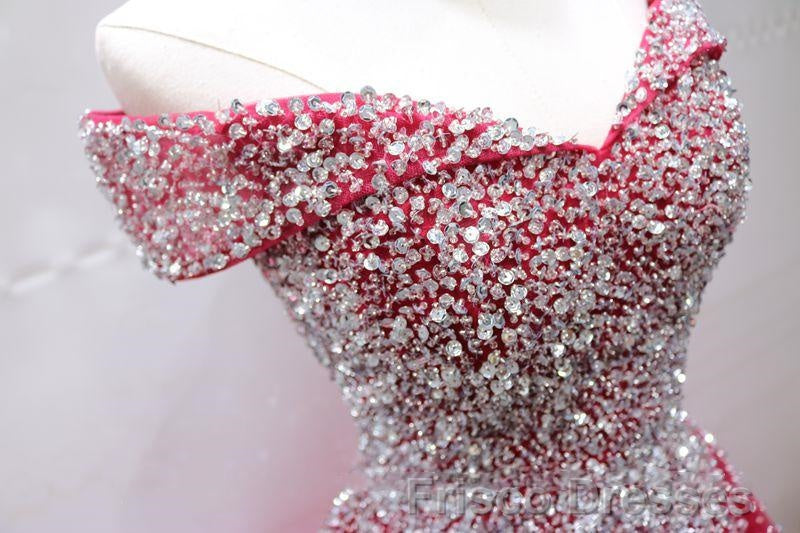 Off the Shoulder Red Long Formal Prom Gown, Off the Shoulder Red Beaded Formal Evening Dresses