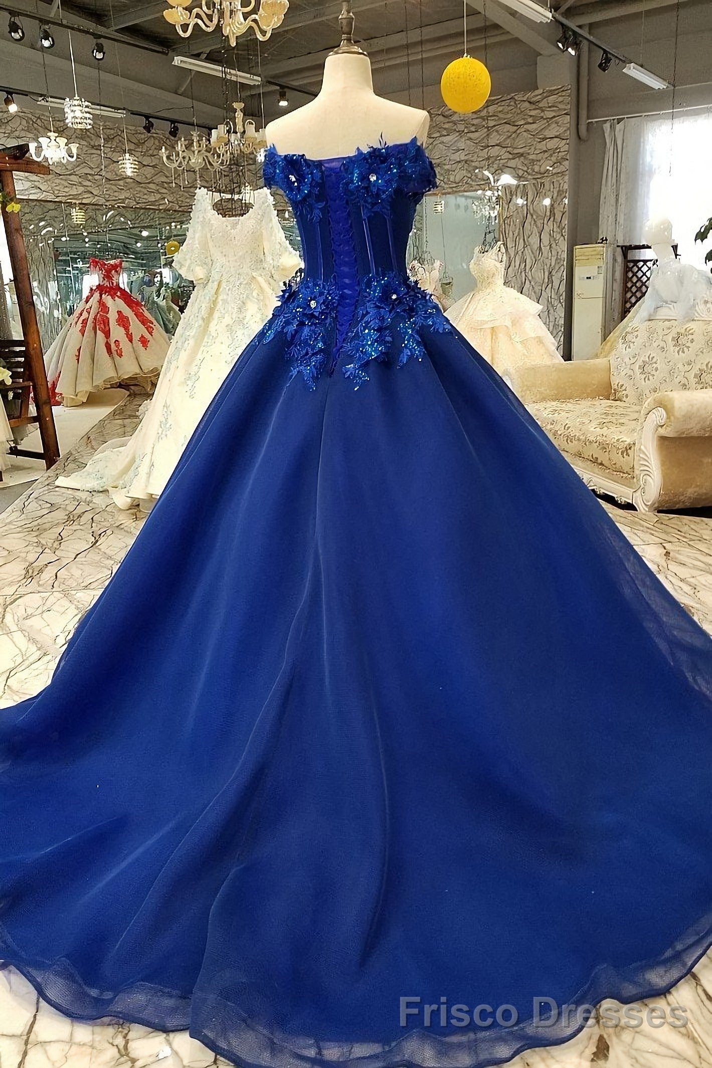 Off-The-Shoulder Royal Blue Evening Dresses With 3D Floral Lace Secondary image