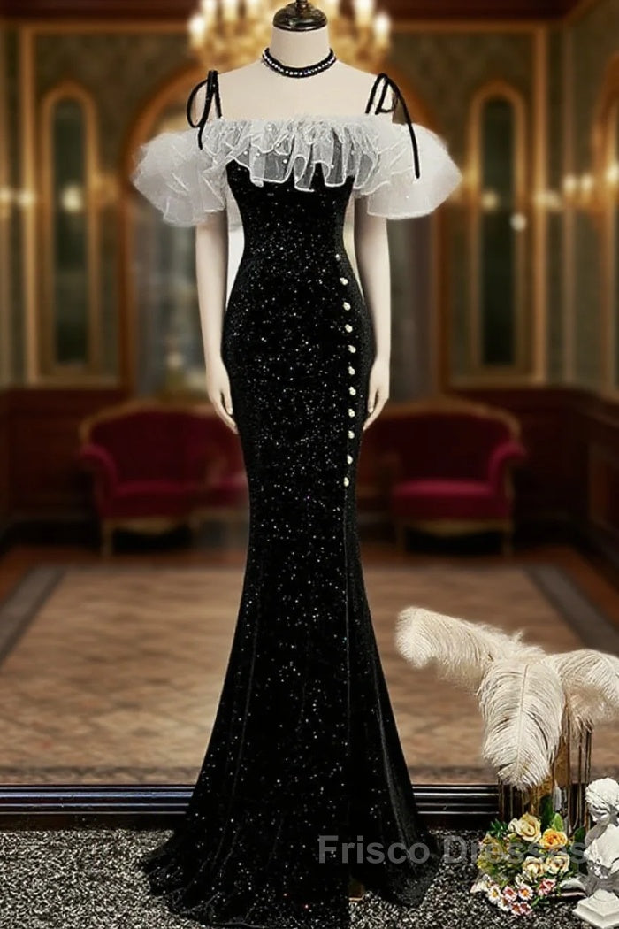 Off The Shoulder Shiny Black Mermaid Formal Prom Dress, Off Shoulder Shiny Black Long Formal Evening Dress Main image
