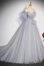 Off the Shoulder Shiny Gray Long Prom Dresses, Off Shoulder Gray Long Formal Evening Dresses