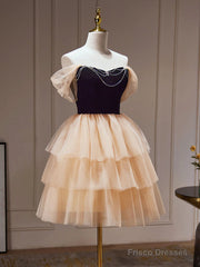 Off The Shoulder Short Black Champagne Prom Dresses, Short Black Champagne Graduation Homecoming Dresses