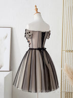 Off The Shoulder Short Black Floral Formal Prom Dress, Short Black Floral Graduation Homecoming Dress