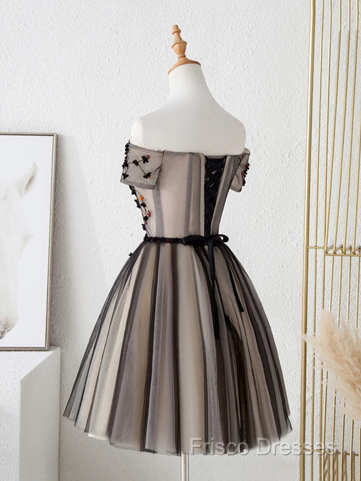 Off The Shoulder Short Black Floral Formal Prom Dress, Short Black Floral Graduation Homecoming Dress