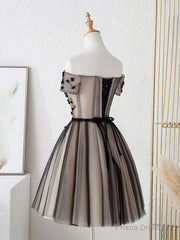 Off The Shoulder Short Black Floral Prom Dresses, Short Black Floral Graduation Homecoming Dresses