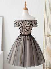 Off The Shoulder Short Black Floral Prom Dresses, Short Black Floral Graduation Homecoming Dresses