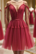 Off the Shoulder Short Burgundy Lace Formal Prom Dresses, Wine Red Short Lace Formal Graduation Dresses