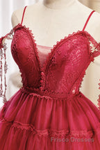 Off the Shoulder Short Burgundy Lace Formal Prom Dresses, Wine Red Short Lace Formal Graduation Dresses