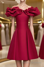 Off the Shoulder Short Burgundy Formal Prom Dresses, Short Wine Red Graduation Homecoming Dresses