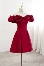 Off the Shoulder Short Burgundy Formal Prom Dresses, Short Wine Red Graduation Homecoming Dresses