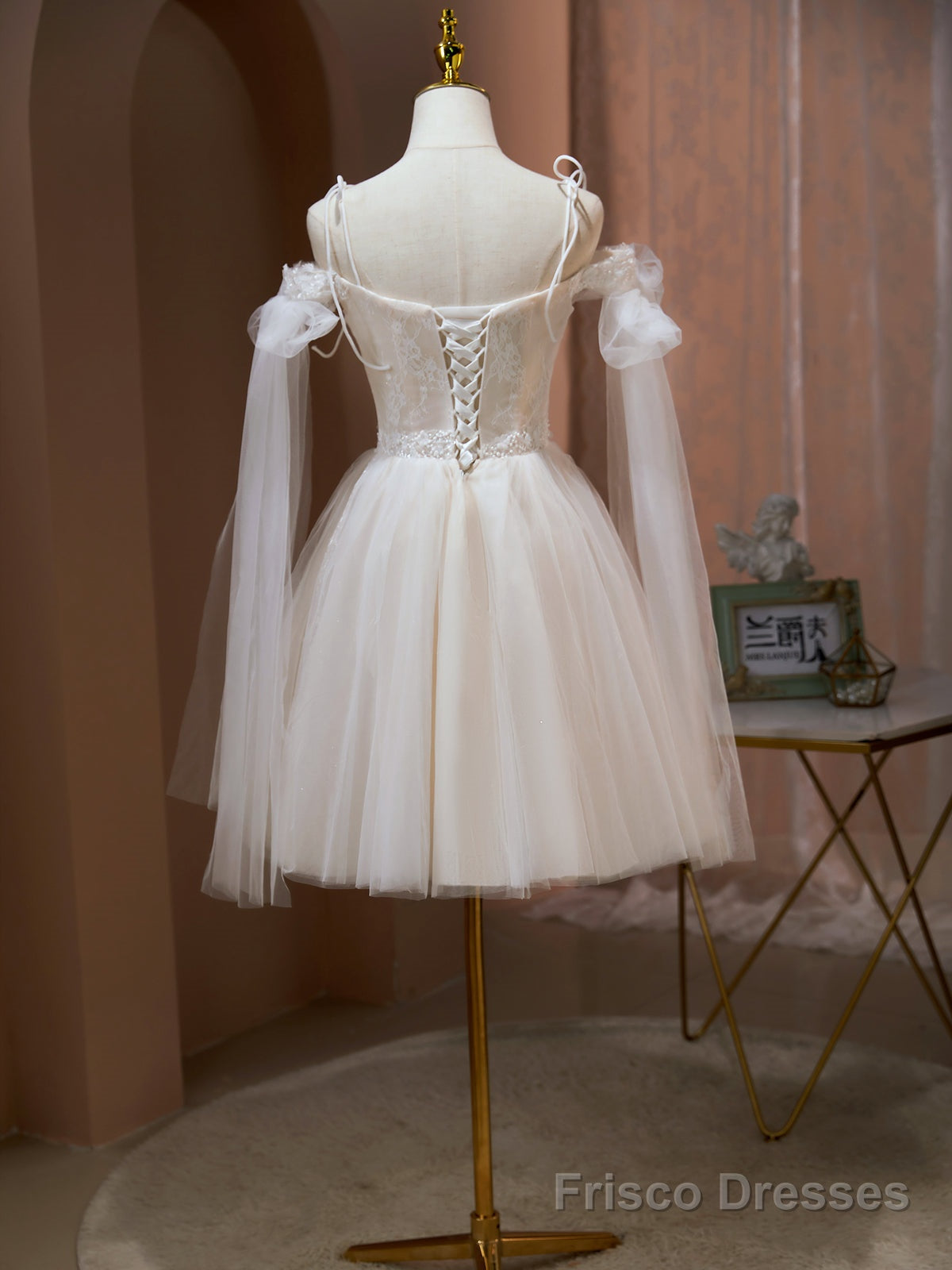 Off the Shoulder Short Champagne Prom Dresses, Short Champagne Formal Homecoming Dresses Secondary image