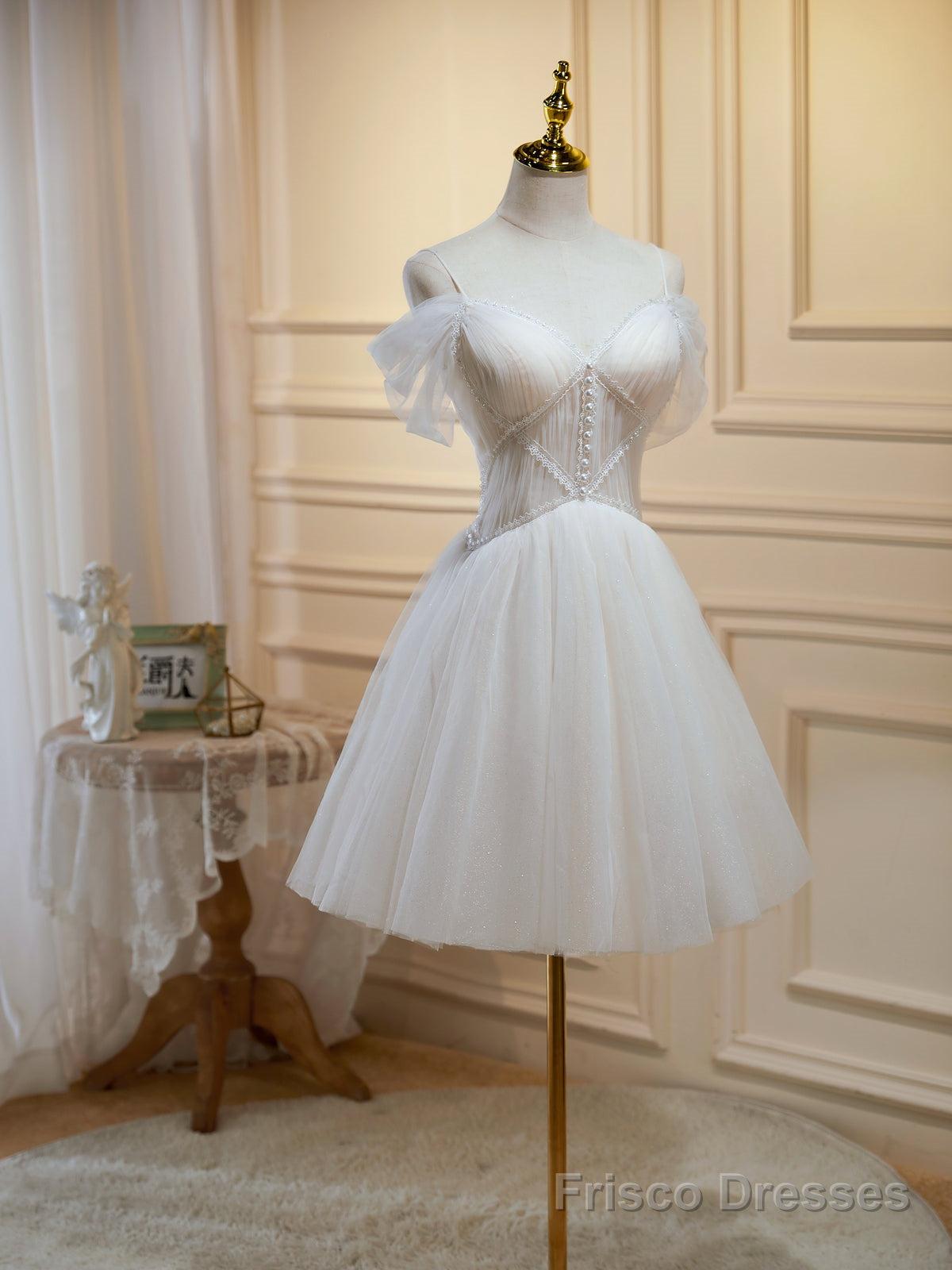 Off the Shoulder Short Champagne Tulle Prom Dresses, Short Formal Homecoming Dress Main image