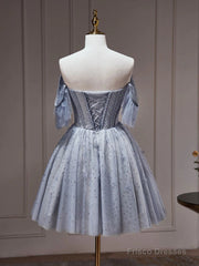 Off The Shoulder Short Gray Beaded Prom Dresses, Short Gray Beaded Graduation Homecoming Dresses