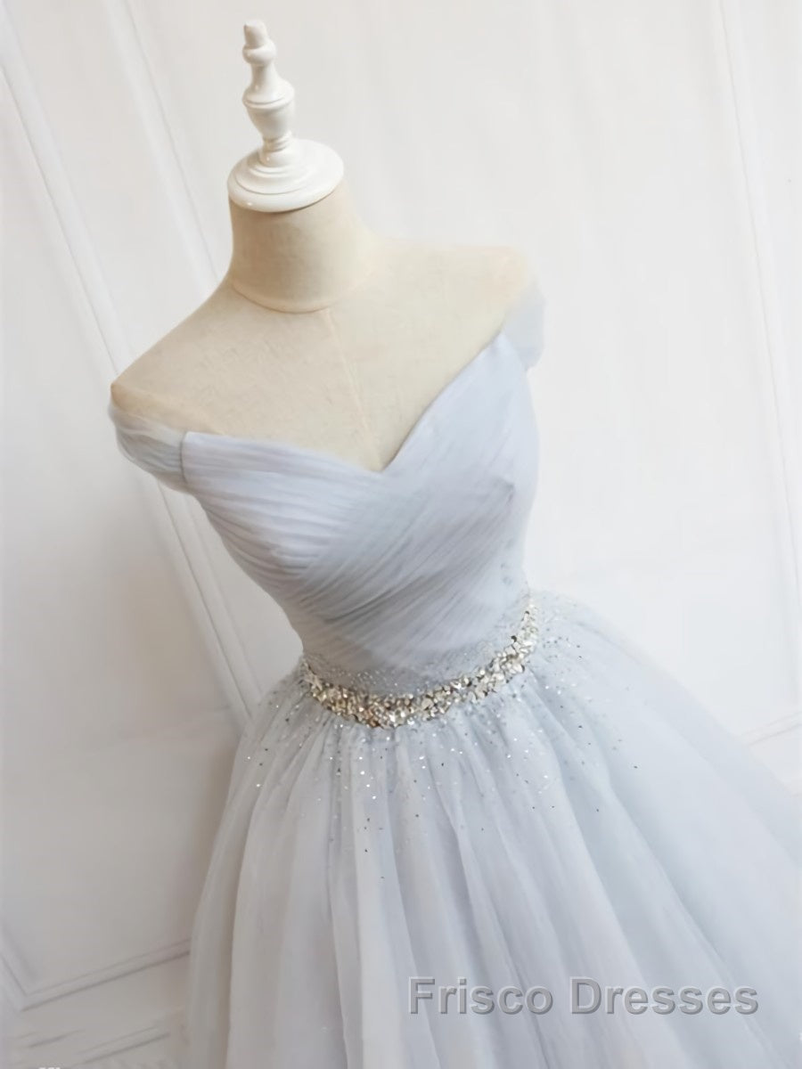 Off the Shoulder Short Gray Formal Prom Dresses with Coset Back, Short Beaded Gray Graduation Homecoming Dresses