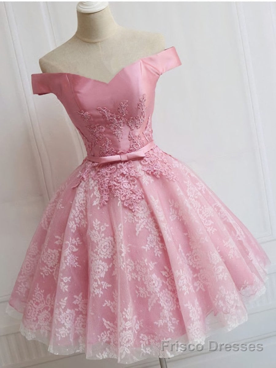 Off the Shoulder Short Pink Lace Prom Dresses, Short Pink Lace Graduation Homecoming Dresses Secondary image