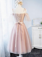 Off the Shoulder Short Pink Formal Prom Dresses with Corset Back, Short Pink Formal Graduation Bridesmaid Dresses