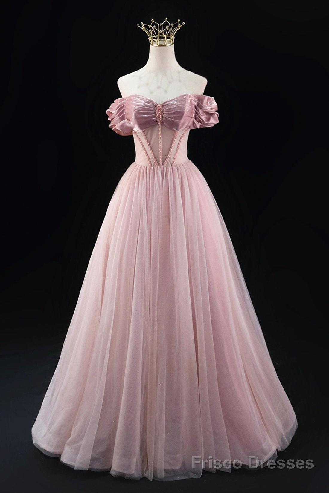 Off the Shoulder Sweetheart Beaded Tulle Long Prom Dress, A-Line Pink Evening Dress Main image