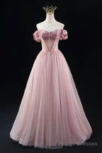 Off the Shoulder Sweetheart Beaded Tulle Long Prom Dress, A-Line Pink Evening Dress