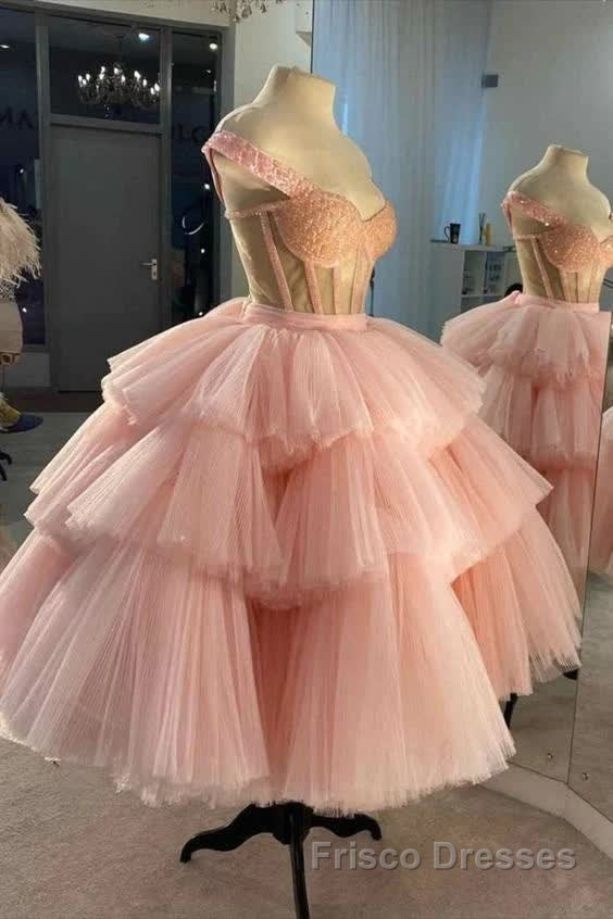 Off The Shoulder Tiered Pink Homecoming Dresses Secondary image