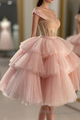 Off The Shoulder Tiered Pink Homecoming Dress