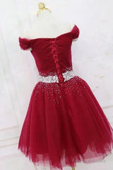 Off The Shoulder Tulle Red Short Prom Dresses Lace Up