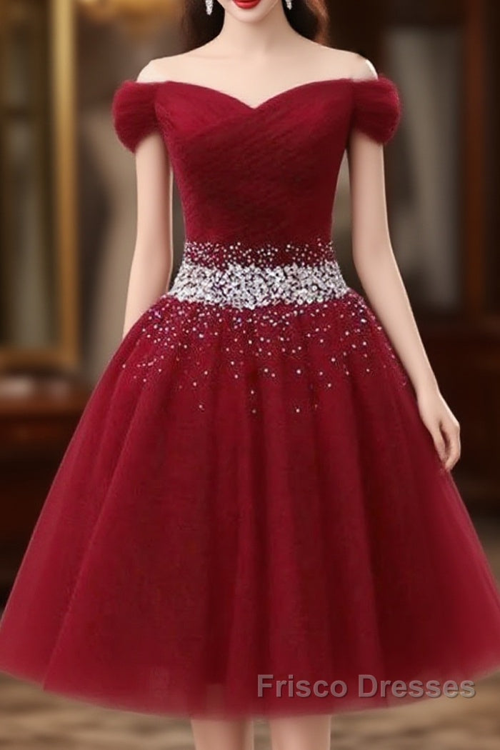 Off The Shoulder Tulle Red Short Formal Prom Dress Lace Up
