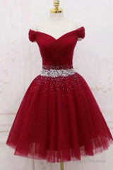 Off The Shoulder Tulle Red Short Prom Dresses Lace Up