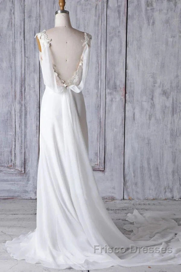 Off-The-Shoulder V Neck Backless Sheath Lace Chiffon Long Beach Wedding Dress Secondary image