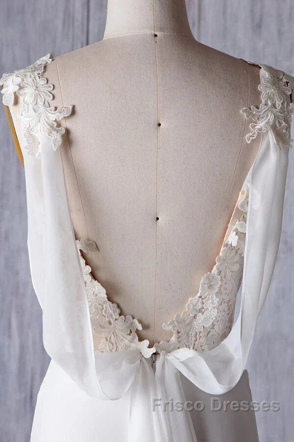 Off-The-Shoulder V Neck Backless Sheath Lace Chiffon Long Beach Wedding Dress