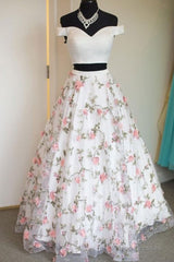 Off The Shoulder White Floral Prom Dresses, Off Shoulder White 3D Flower Long Formal Graduation Evening Dresses