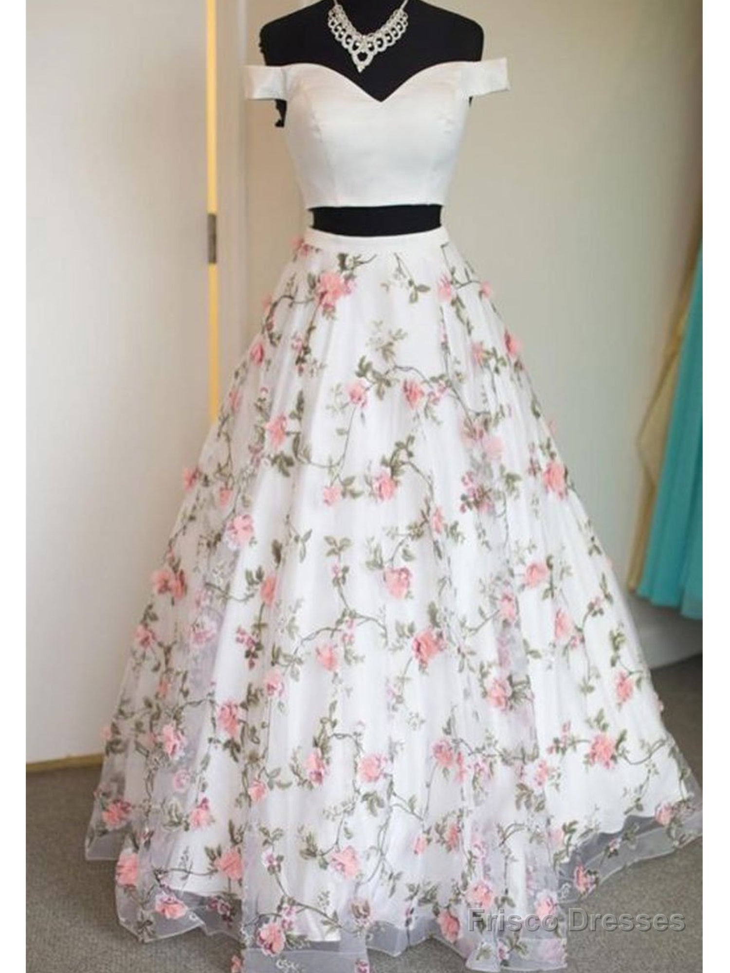 Off The Shoulder White Floral Prom Dresses, Off Shoulder White 3D Flower Long Formal Graduation Evening Dresses Main image