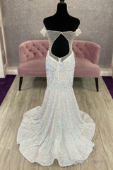 Off The Shoulder White Iridescent Sequin Long Prom Dress Mermaid Formal Dress