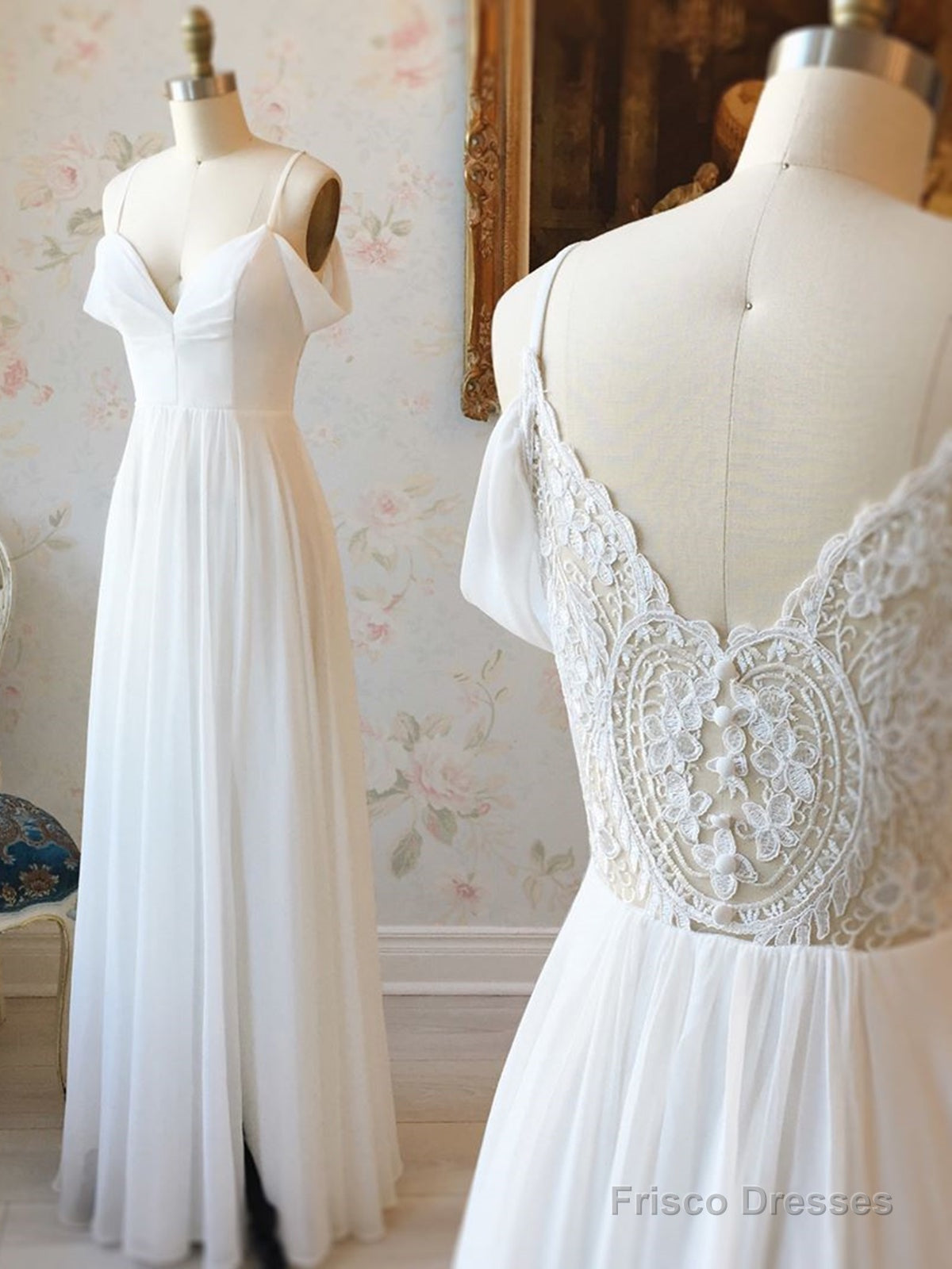 Off The Shoulder White Lace Prom Dresses, Off Shoulder White Lace Wedding Formal Evening Dresses Main image