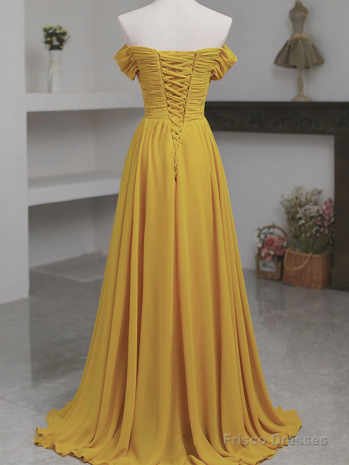 Off The Shoulder Yellow Chiffon Long Prom Dresses, Yellow Long Formal Bridesmaid Dresses Secondary image