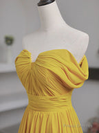 Off The Shoulder Yellow Chiffon Long Prom Dresses, Yellow Long Formal Bridesmaid Dresses