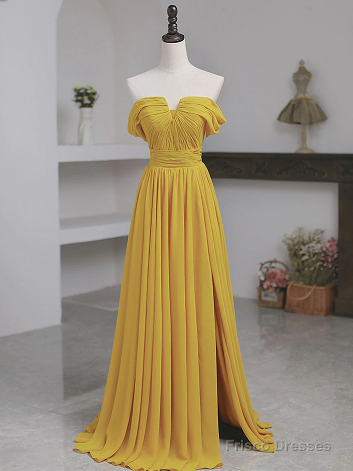 Off The Shoulder Yellow Chiffon Long Prom Dresses, Yellow Long Formal Bridesmaid Dresses Main image