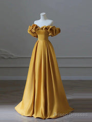 Off the Shoulder Yellow Long Prom Dresses, Yellow Off Shoulder Long Formal Evening Dresses