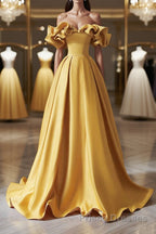 Off the Shoulder Yellow Satin Long Formal Prom Dresses, Off Shoulder Yellow Long Formal Evening Dresses