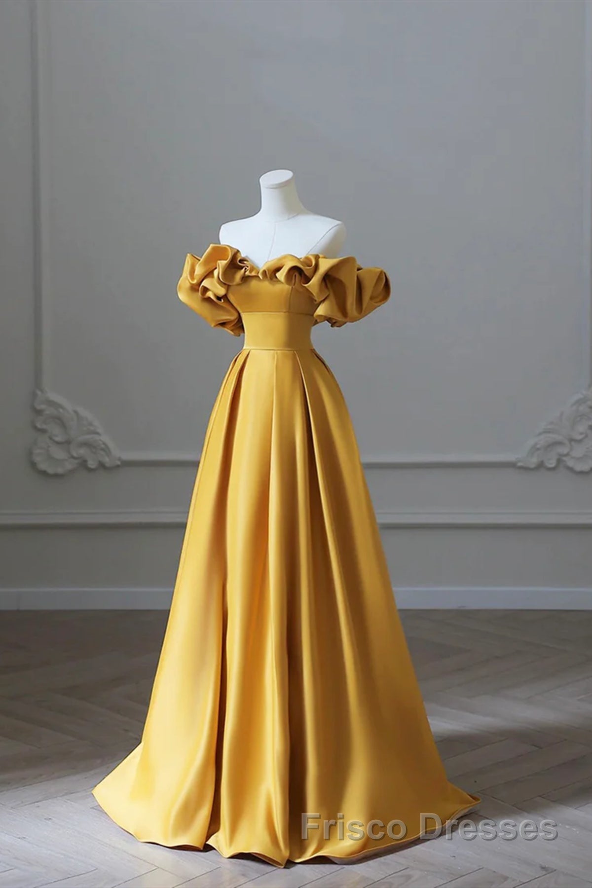 Off the Shoulder Yellow Satin Long Formal Prom Dresses, Off Shoulder Yellow Long Formal Evening Dresses Secondary image
