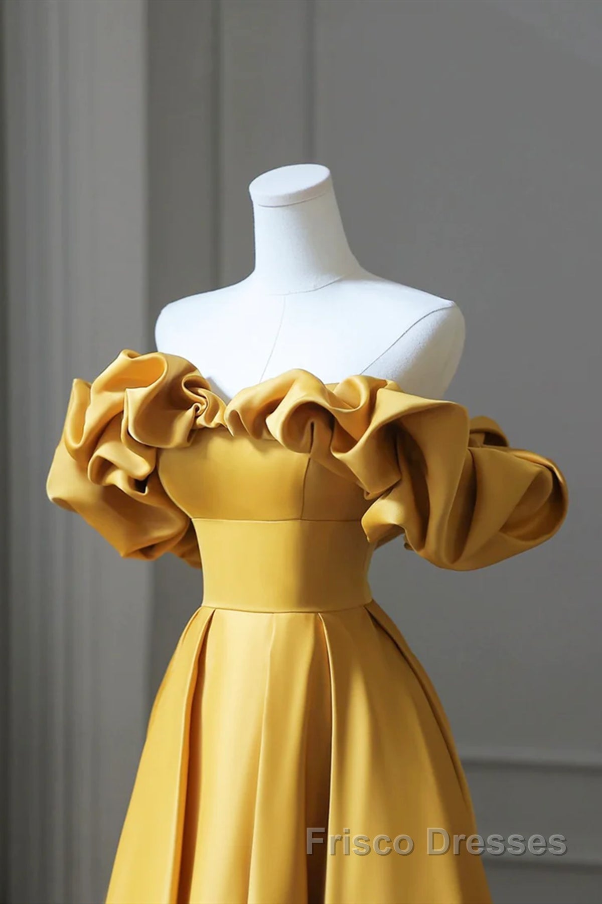 Off the Shoulder Yellow Satin Long Formal Prom Dresses, Off Shoulder Yellow Long Formal Evening Dresses