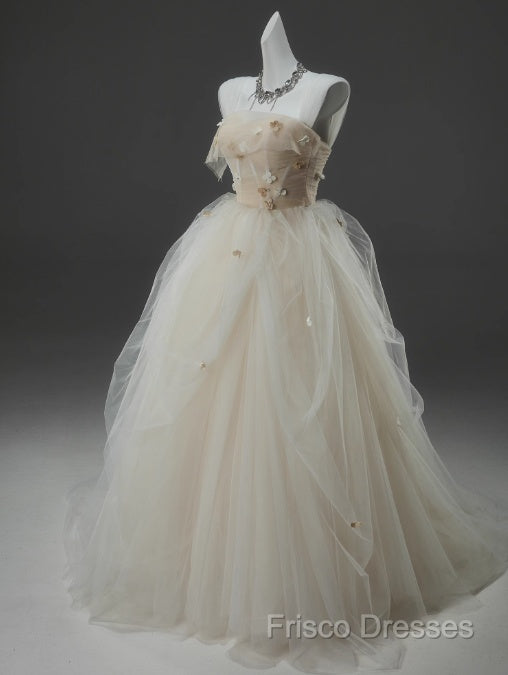 Off-White A-Line Straps Tulle Long Formal Prom Dress Simple Applique Wedding Dress