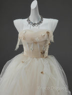 Off-White A-Line Straps Tulle Long Formal Prom Dress Simple Applique Wedding Dress