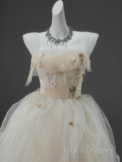 Off-White A-Line Straps Tulle Long Formal Prom Dress Simple Applique Wedding Dress