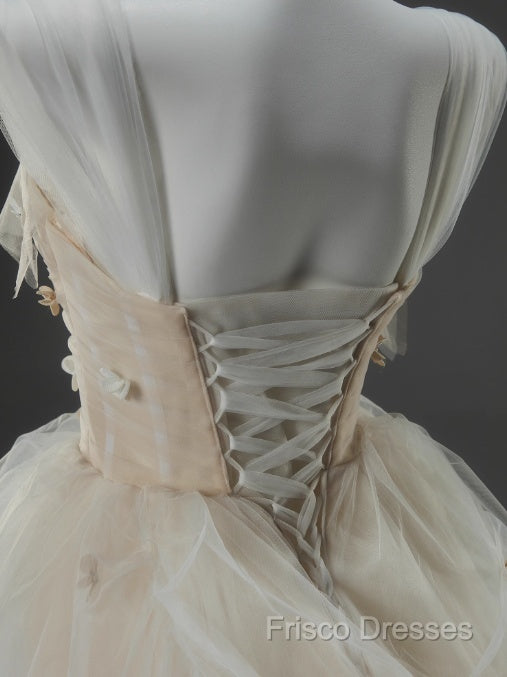 Off-White A-Line Straps Tulle Long Formal Prom Dress Simple Applique Wedding Dress