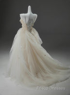 Off-White A-Line Straps Tulle Long Formal Prom Dress Simple Applique Wedding Dress