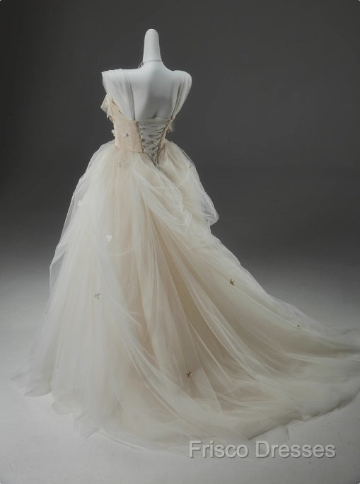 Off-White A-Line Straps Tulle Long Formal Prom Dress Simple Applique Wedding Dress