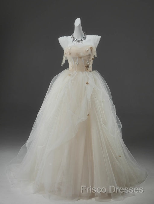 Off-White A-Line Straps Tulle Long Formal Prom Dress Simple Applique Wedding Dress