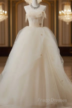 Off-White A-Line Straps Tulle Long Formal Prom Dress Simple Applique Wedding Dress