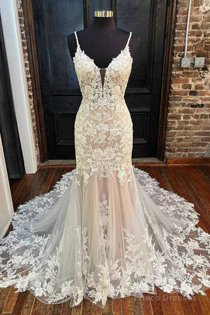 Off-White Appliques Backless Trumpet Long Wedding Dress V-Neck Main image