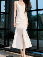 Off-White Irregular Suspender Dress Satin Birthday Party Dress Prom Dress