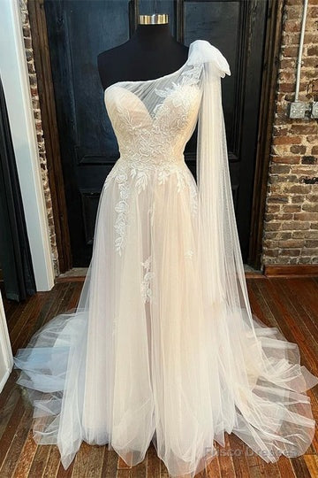 Off-White One-Shoulder A-Line Wedding Dress Long Beautiful Main image